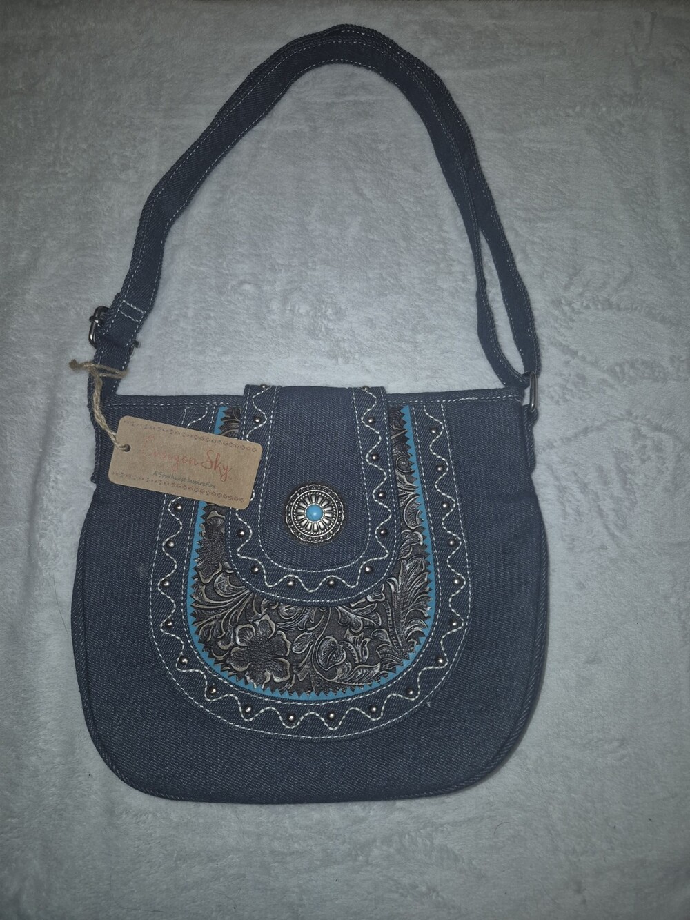 Canyon Sky Women's Denim Crossbody Bag with Turquoise Embellishment